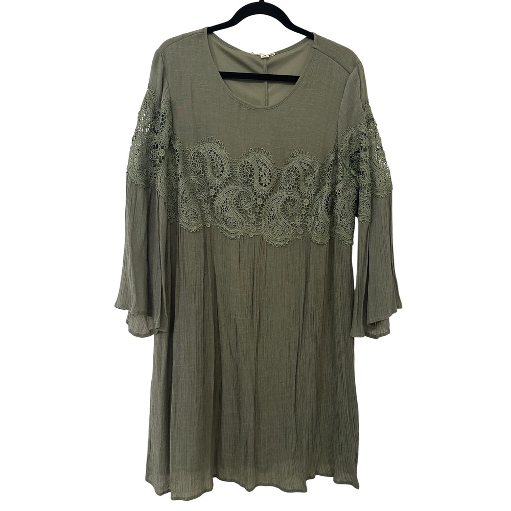 Indigo Rose Olive Green Crochet Lace Bell Sleeve Shift Dress Women Sz 2X Cottage